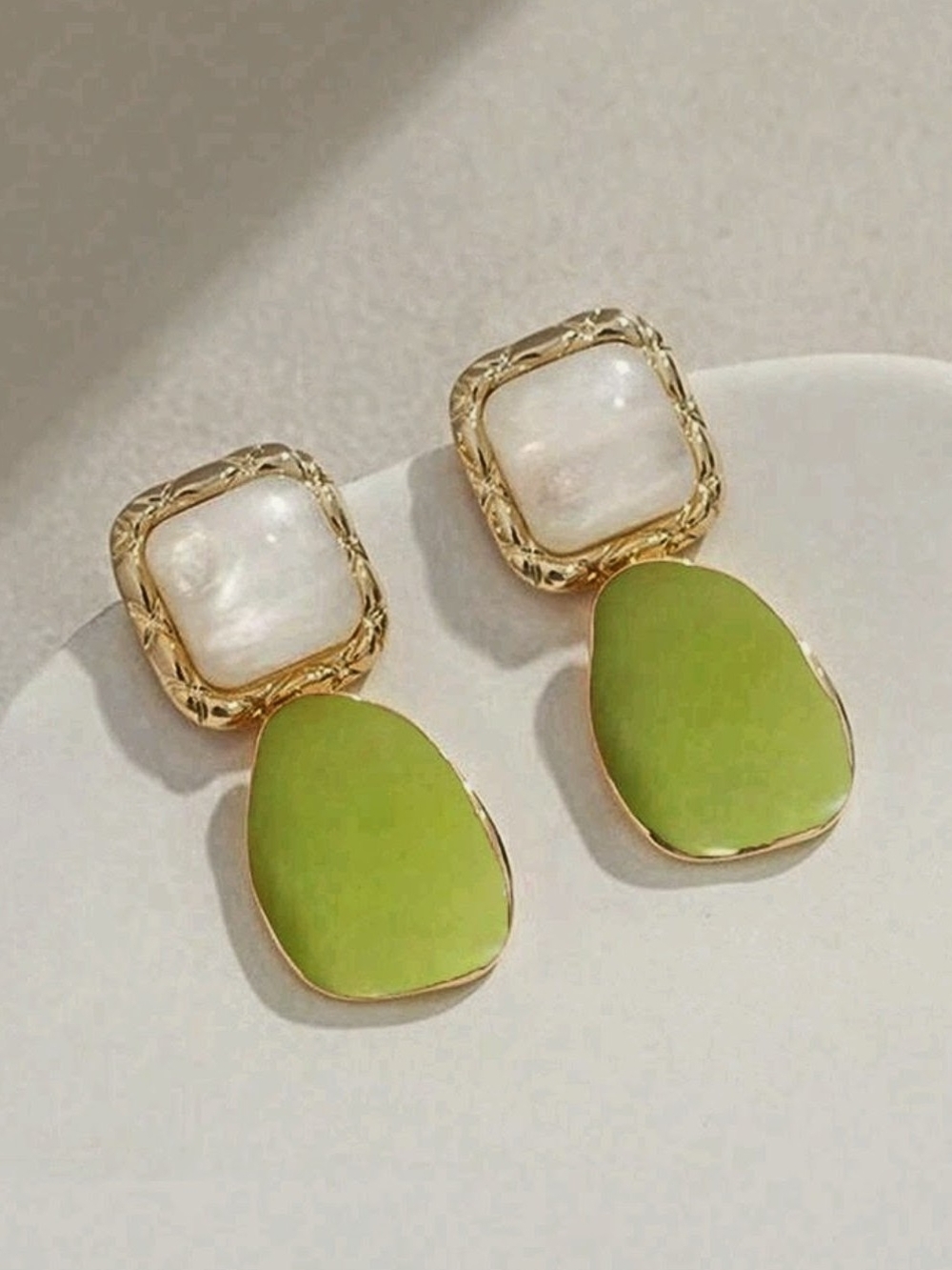 Gold Frame Pearl and Chartreuse Drop Earrings - Women Jewelry